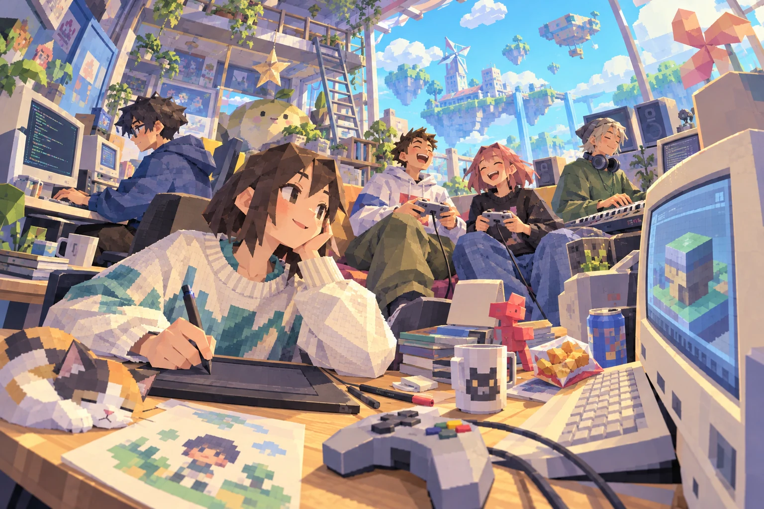 レトロな3Dゲーム風に描いた、創作やゲームを楽しむNCCのデジタル部室。イメージイラスト。