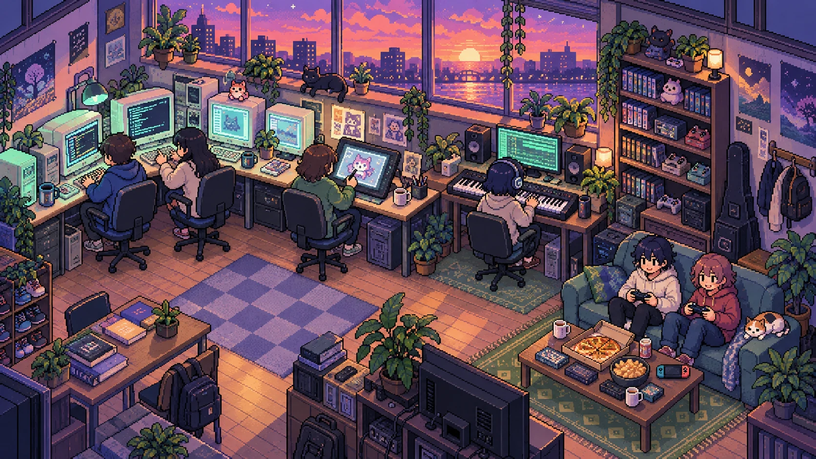 ドット絵で描いた、みんなで過ごすデジタル部室。イメージイラスト。